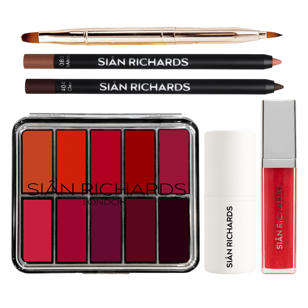 The Lip Edit Kit featuring customizable lip pencils, blush tint, lip gloss, and a professional lip brush